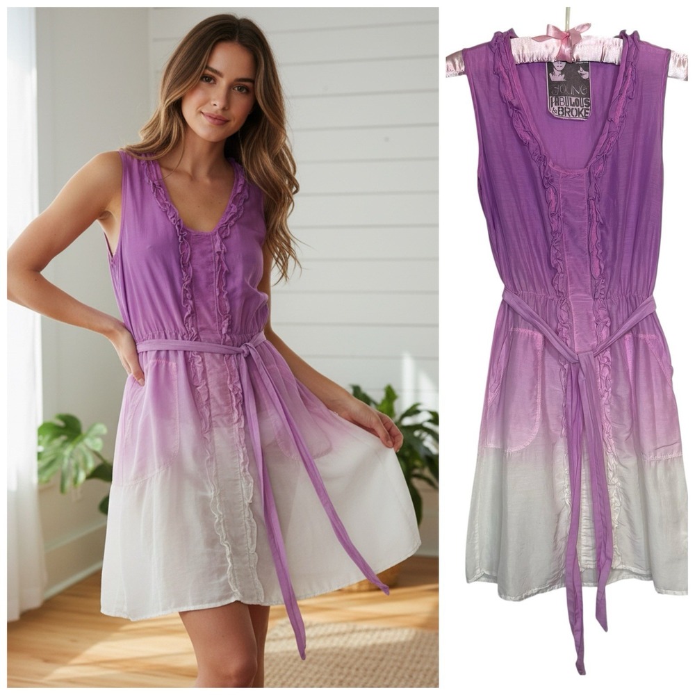 Young Fabulous & Broke‎ Silk Ombré Tie Dye Slip Dress XS Tie Waist Ruffle Fairy